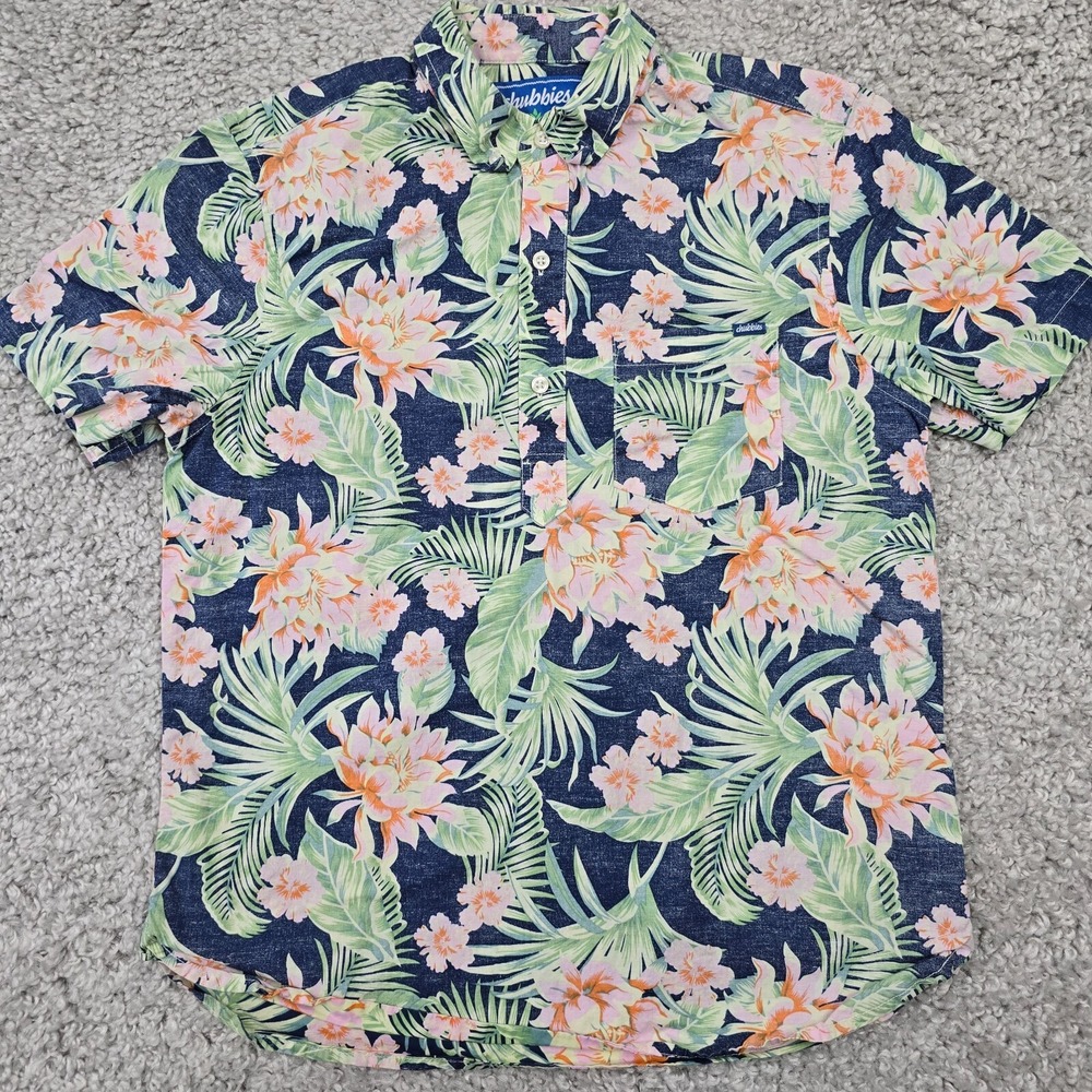 Chubbies Tropical Floral Shirt Men Small Blue Pink Cotton Stretch Aloha Vacation